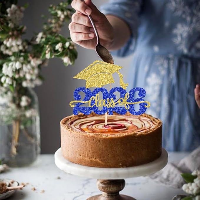 1 Pack Class of 2026 Cake Topper Glitter Congrats Grad Cap 2026 Graduation Cake Pick for 2026 Graduation Theme High School Boys Girls Graduate Party Cake Decorations Supplies Gold Blue