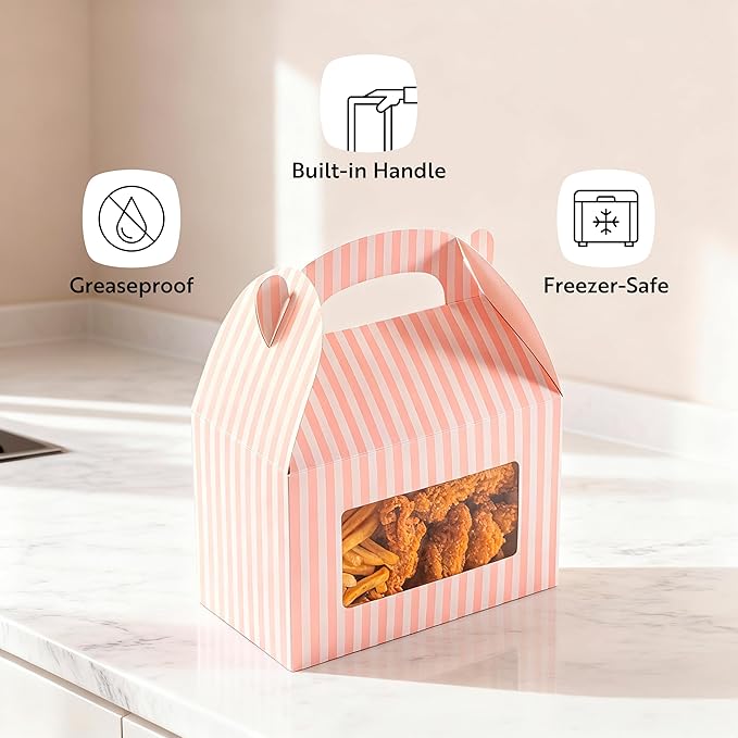 Bio Tek 8.5 x 4.8 x 5.5 Inch Gable Boxes For Party Favors, 25 Attractive Gift Boxes - Striped Design, With Clear PET Window, Pink And White Paper Barn Boxes, Built-In Handle