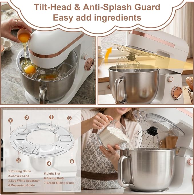 6.5 Qt 10-Speed Tilt-Head Stand Mixer with Dough Hook, Whisk, Beater & Splash Guard, Electric Kitchen Mixer for Baking, Cakes, Bread, and Home Cooking (White)