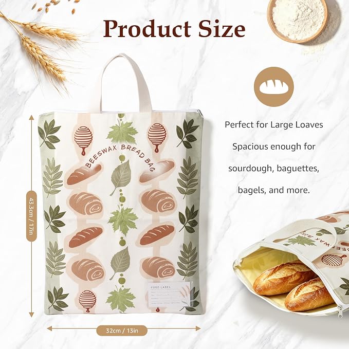 2 Pack Beeswax Bread Bags for Sourdough, 17x13 Inch Reusable Cotton Bread Storage Bags with Zipper and Handle Natural Beeswax Lining Freezer Friendly with 10 Food Labels Included (Bakery Leaves)