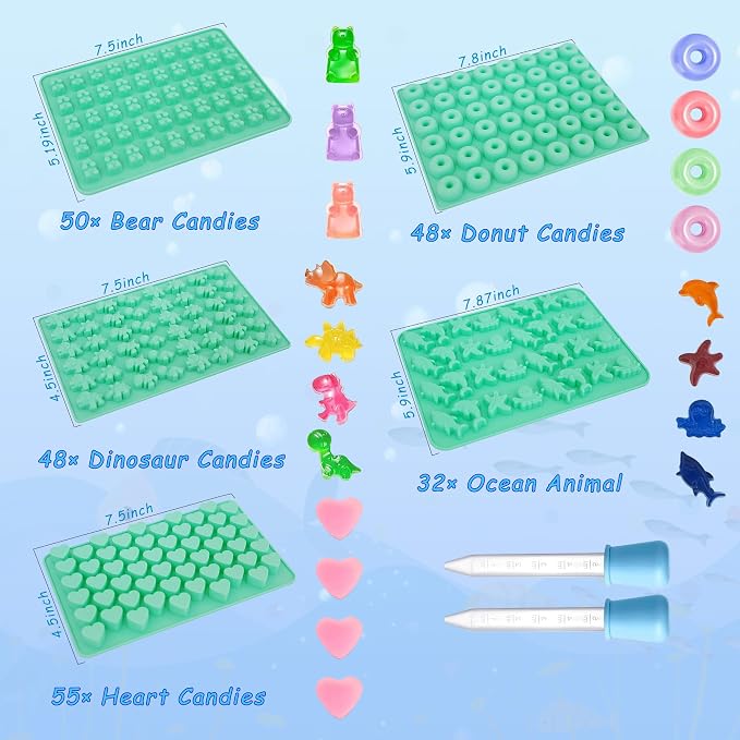 Zorazio 7Pcs Gummy Bear Molds Silicone, Nonstick Ocean Animals Gummy Molds Includes Bear, Starfish, Dolphins, Octopus, Gummy Candy Chocolate Molds with 2 Droppers for Convenient Filling