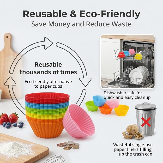 Baking Cups 24 Pack, Multi-color Reusable Silicone Cupcake Liners, Non-stick and Flexible Muffin Pans for Baking, Easy To Clean Cupcake Molds