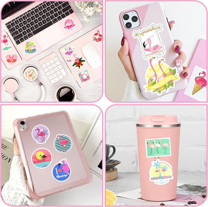 50 Pcs Flamingo Stickers for Kids Girls Water Bottles Laptops Scrapbook Decoration Party Favors Classroom Rewards Tropical Summer Pink Beach Waterproof Vinyl Decals
