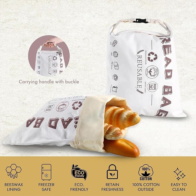 Eazywell Beeswax Bread Bags - Good Cotton Food Storage Wrap for Sourdough & Homemade Bread, Reusable Bags, Breathable Moisture Balance, 13 X 17 Inches (Beige*2)