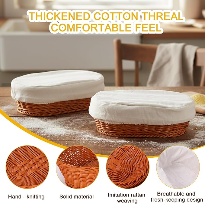 14" Bread Proofing Basket with Non-Stick Linen Liners,Wicker Sourdough Proofing Bread Baking Supplies,Oval Banneton Bread Baskets for Home Bakers Homemade Bread Baking（Wicke Set of 2）