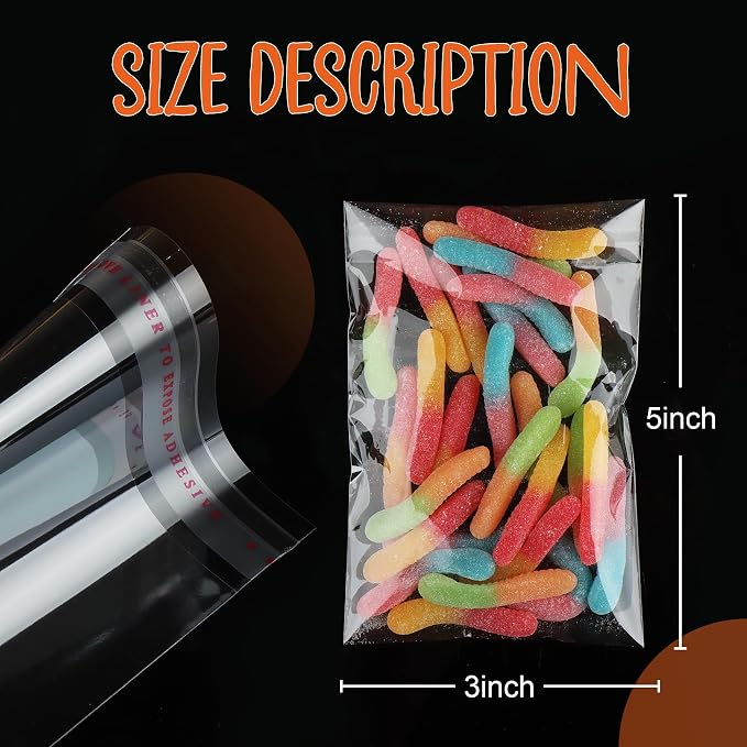 3x5 Inches Self Sealing Cellophane Bags, 200 Pcs Clear Cookie Bags, Resealable Treat Bag for Fresh Cookies, Candy, Gifts, and Party Favors Bag.
