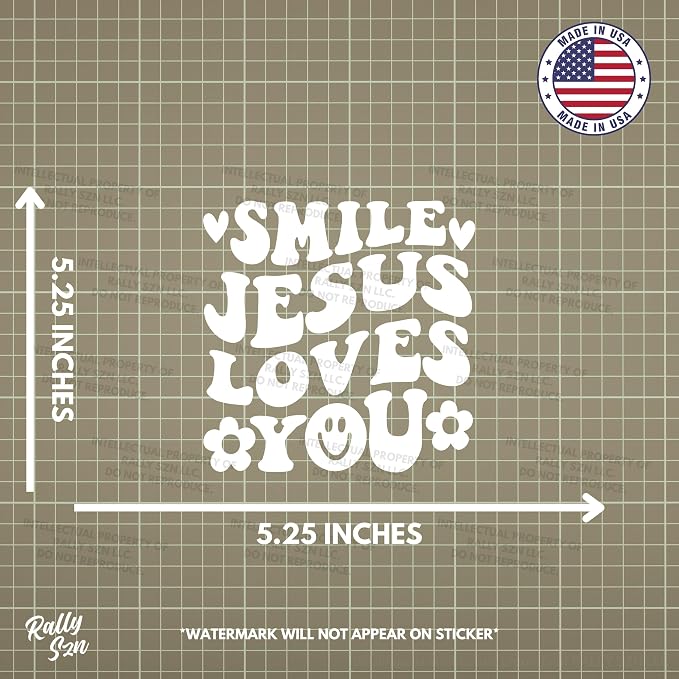 Smile Jesus Loves You - Christian Jesus Cross Car Vinyl Decal Bumper Sticker for Car, Wall, Window, Vehicle, Weather Resistant, Viral, White