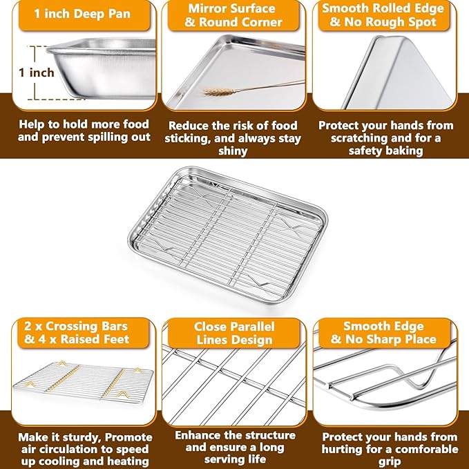 P&P CHEF 10.4 + 9 Inch Toaster Oven Pans with Racks, 4 Pieces Stainless Steel Oven Tray Baking Pan Sheet and Cooling Rack for Oven Cooking Roasting, Non Toxic & Dishwasher Safe