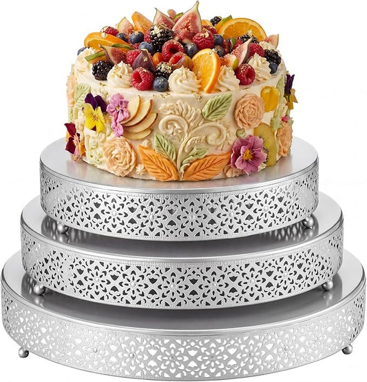 Wenqik 3 Pcs Cake Stand 16'' 14'' 12'' Round Metal Cake Stand Bases Display Holder Cookies Serving Tray Display Plate Cupcake Dessert Pastry Riser for Wedding Birthday Party(Vintage Style, Silver)