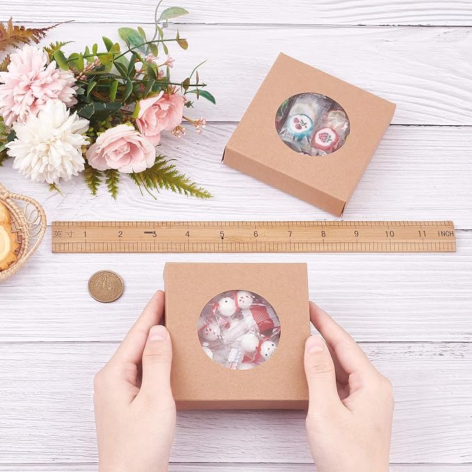 BENECREAT 24 Packs Brown Kraft Square Paper Boxes Gift Wrapping Box with Round Clear Window 4x4x0.9 for Party Favor Treats, Jewelry, Gift Packaging