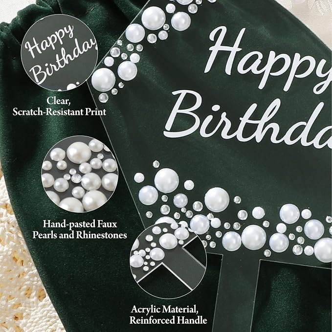 Coucoland Birthday Cake Topper - Hexagon Acrylic Cake Decor with Sparkling Rhinestones and Pearls for Party Supplies