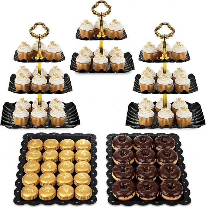 NWK 5 Piece Cake Stand Set with 2 x 3-Tier Cupcake Stands, 1 x2-Tier Cupcake Stands, 2 x Appetizer Trays, for Wedding Birthday Baby Shower Tea Party Decorations (5, Black, Square)