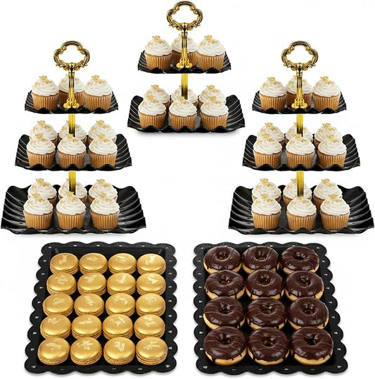 NWK 5 Piece Cake Stand Set with 2 x 3-Tier Cupcake Stands, 1 x2-Tier Cupcake Stands, 2 x Appetizer Trays, for Wedding Birthday Baby Shower Tea Party Decorations (5, Black, Square)