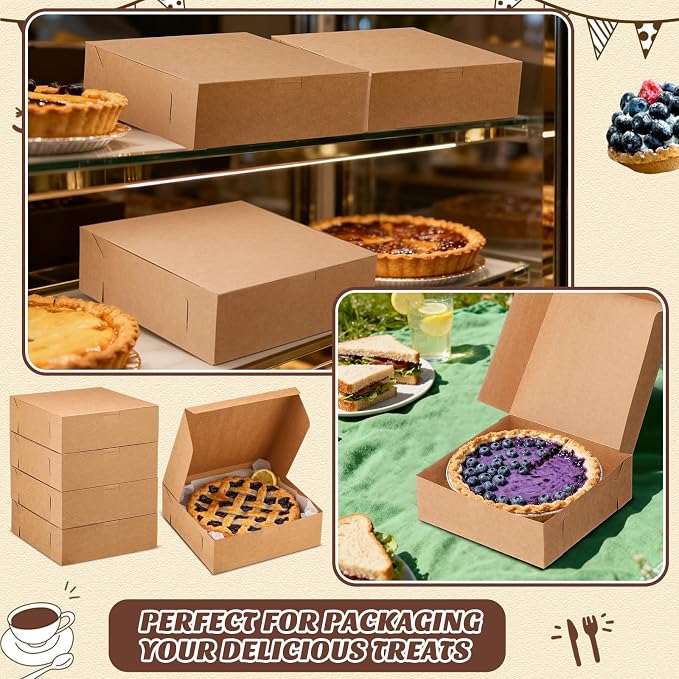 36 Pack Pie Pizza Boxes 9" x 9" x 3" Kraft Square Bakery Boxes for Cookies, Cheesecake, Chocolate Covered Strawberries, Dessert Brown Paper Cardboard Container for Treats