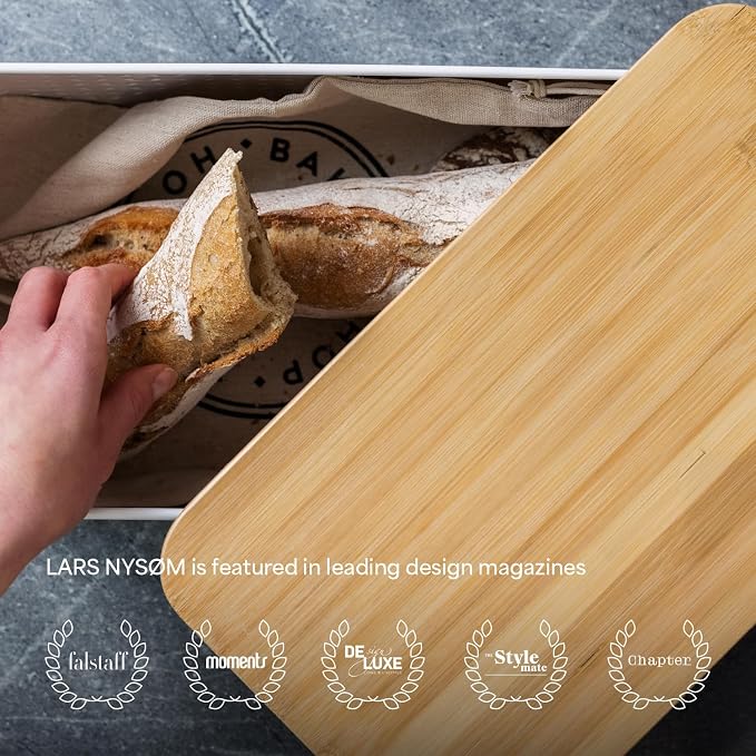 LARS NYSØM Bread Box I Metal bread box for long lasting freshness with non-slip pads I Baked goods Bin with bamboo lid usable as cutting board I 13.6x7.3x6.2in (Pure White)