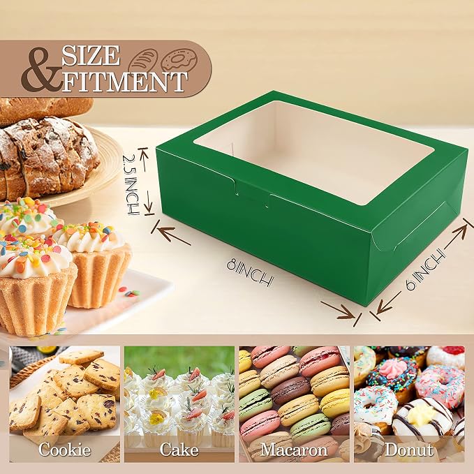 KPOSIYA 65 PCS 8x6x2.5 Inch Cookie Boxes with Window Green Bakery Boxes Pastry Boxes for Gift Giving, Treat, Dessert, Cupcakes, Chocolate, Strawberries, Donuts, Muffins (5 Style Windows)