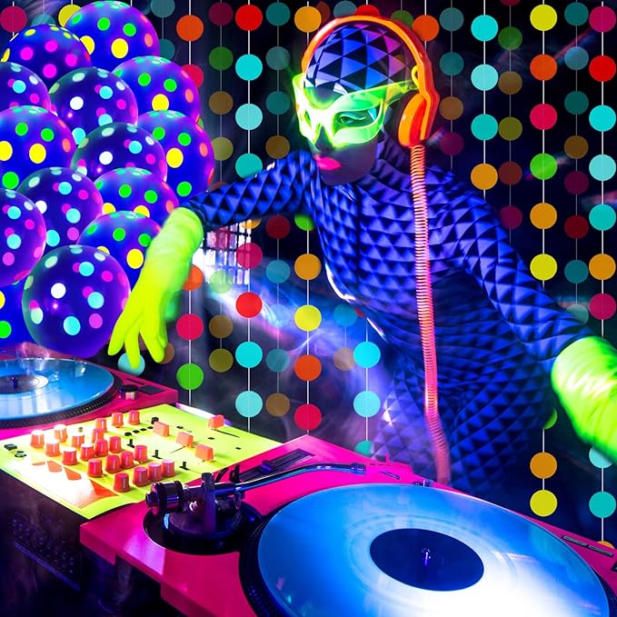 Skylety 32 Pcs Glow in The Dark Party Supplies Neon Party Favors with 25 Fluorescent Balloon 6 Rolls 98.4 ft UV Blacklight Luminous Tape 14.4 ft Neon Streamer Garland for Adults(Clear Big Dot)