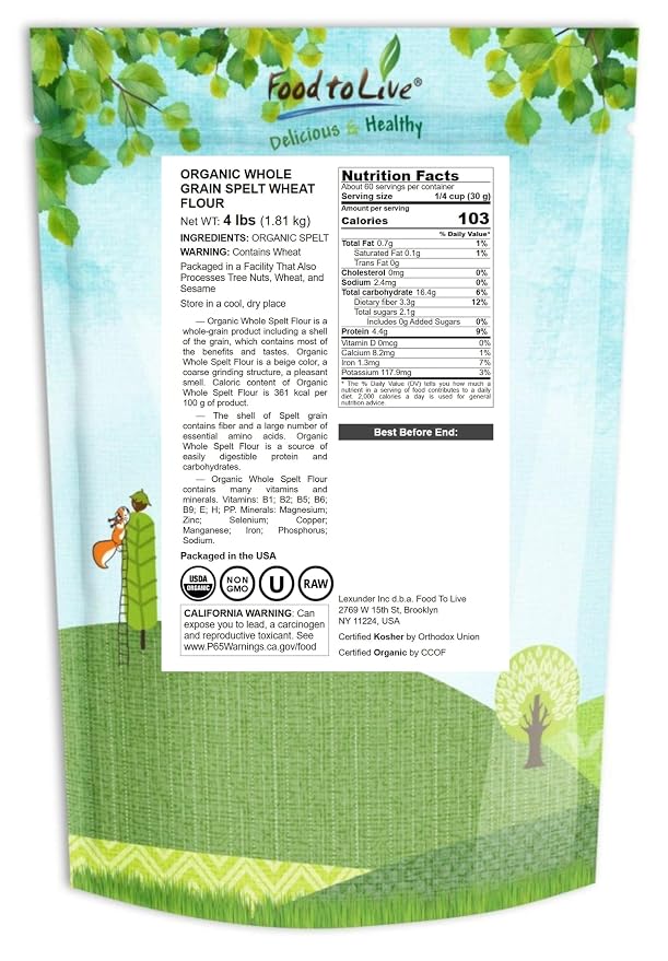 Food to Live Organic Spelt Flour, 4 Pounds — Whole Grain, Non-GMO, Kosher, Vegan, Bulk, Great for Baking Bread, Product of the USA