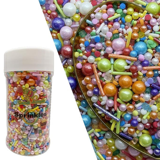 CandiJumpin Rainbow Pearl Sprinkles, Edible Pearls and Jimmies Mix Rainbow Sprinkles Crunchy Jimmies Edible Pearls for Cake Decorating Pearl Decoration for Baking Baby Shower Party Birthday Wedding Christmas Supplies 3 OZ