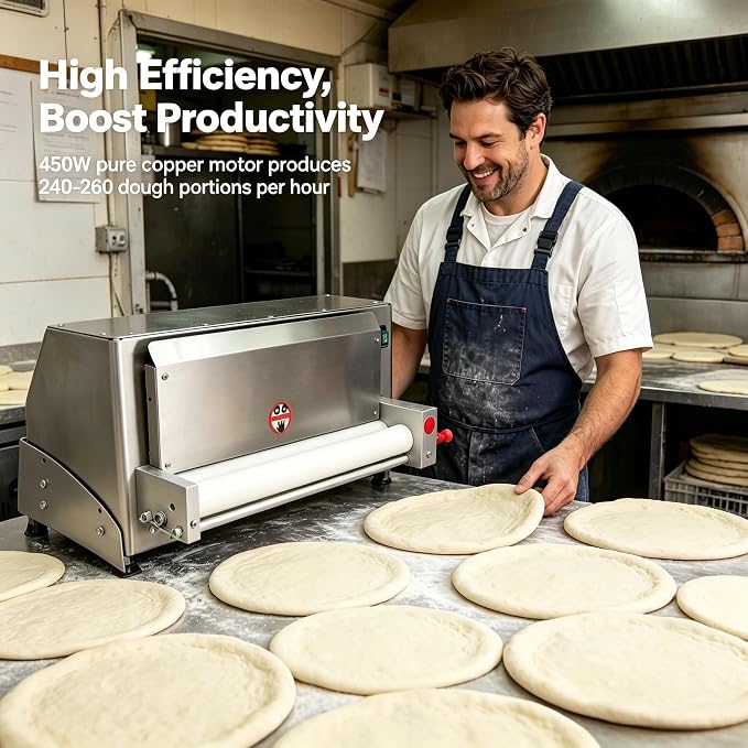 450W Electric Pizza Dough Press Machine, Commercial Dough Sheeter with Adjustable Thickness 1-5.5mm, 260 Pcs/Hour Automatic Pizza Maker with Foot Pedal, for 3-18 Inch Crust, Silver