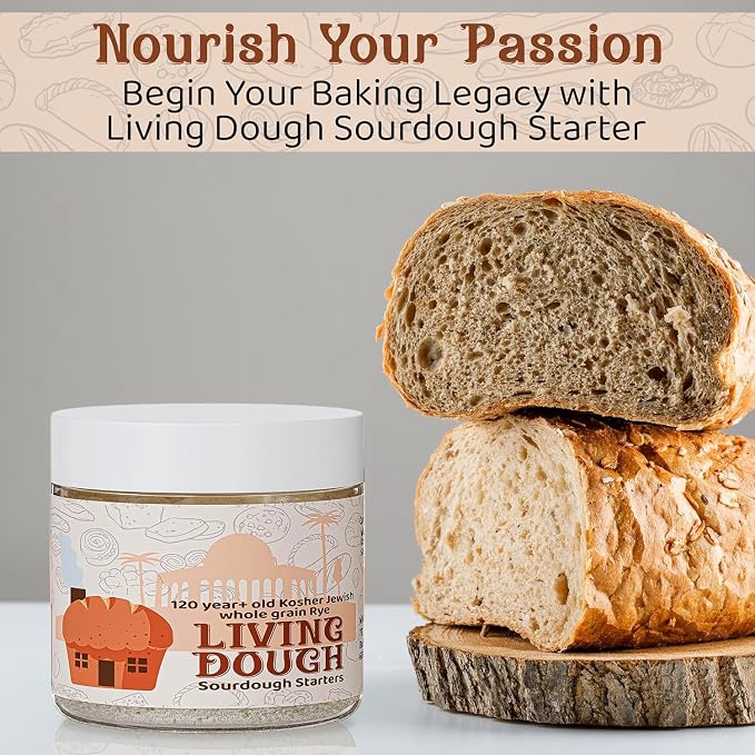 Living Dough - 120+ Year Old Jewish Whole Grain Rye Sourdough Starter Culture - Active & Live Organic Sourdough Starter for Baking - For Artisan Bread, Pizza Dough, Waffles & More