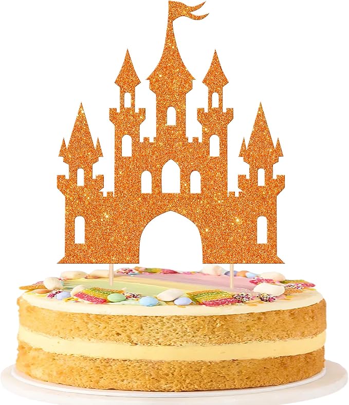 1 PCS Castle Cake Topper Glitter Princess Cake Topper Castle Theme Birthday Party Decoration Princess Happy Birthday Cake Decoration for Baby Shower Girls Princess Birthday Party Supplies Orange
