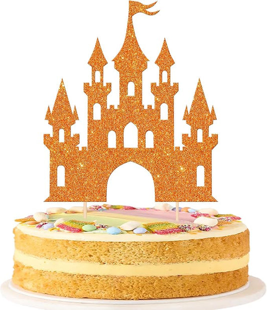 1 PCS Castle Cake Topper Glitter Princess Cake Topper Castle Theme Birthday Party Decoration Princess Happy Birthday Cake Decoration for Baby Shower Girls Princess Birthday Party Supplies Orange