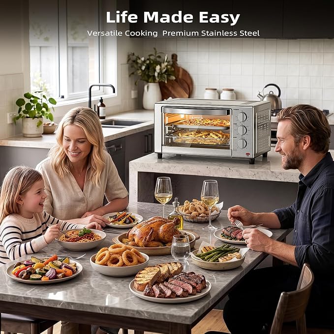 Crzoe Countertop Toaster Oven, Kitchen Convection Air Fryer Toasters Combo, Medium Capacity, 7-in-1 Functions, 60-Minute Timer, 0.78 Cubic Feet, Stainless Steel Finish