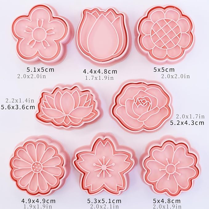 Flower Cookie Cutters Set with Cookie Stamp 8 Variety Shapes Spring Floral Baking Tool for Homemaking Cookie (Flowers)