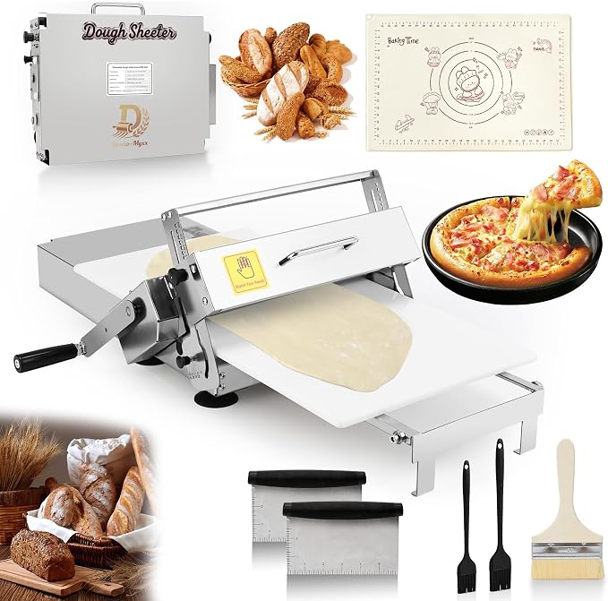 12" Folding Dough Sheeter, Includes 23.6" x 11.8" Sheeter Board, Dough Mat(23.6" x 15.8"), 2 Scrapers, 2 Pastry Brushs, Wool Brush, Manual Dough Roller with 55 Thickness Settings, Stainless Steel