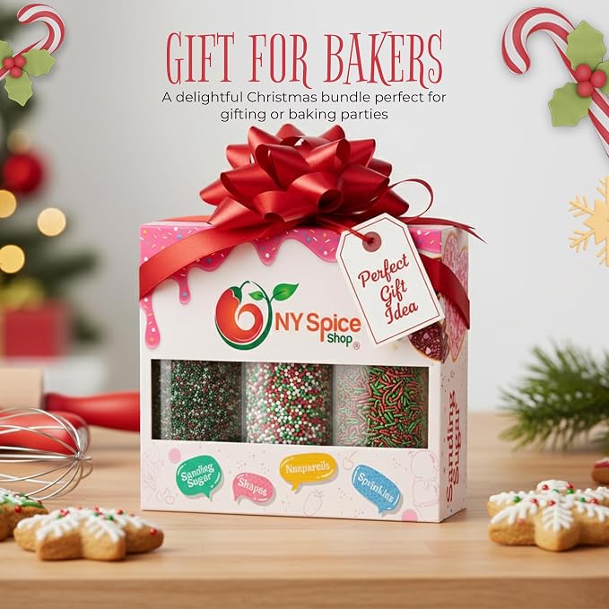 NY Spice Shop Sprinkles Nonpareils & Sanding Sugar – Red Green White Nonpareils & Sprinkle - Edible Christmas Festive Cooking Decor Sprinkle - Candy Cane Sprinkles for Baking and Dessert Toppings