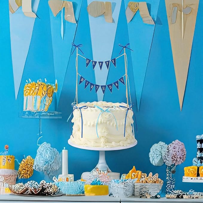 Honeydak Blue 11 Pcs Bow Ribbon Cake Topper Happy Birthday Cake Bunting Topper with Wood Pole Handmade Pennant Flags with Bows Ribbon for Birthday, Bridal Party Decoration