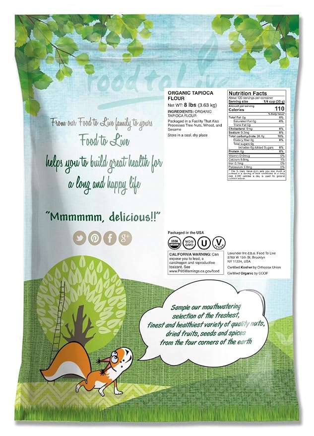 Food to Live Organic Tapioca Flour, 8 Pounds – Non-GMO Finely Ground Tapioca Starch. Wheat and Rice Flour Substitute. All Purpose Thickening Agent for Baking, Sauces & Gravies. Vegan, Bulk