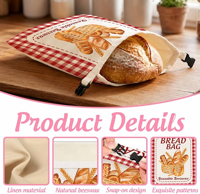 2 Pack Reusable Beeswax Bread Bags, Plaid Decor Bread Bag for Sourdough, Fresh Bread Served Daily, Reusable Linen, Natural Beeswax Storage Bag, Food Storage Cloth with Buckle 13 * 17IN