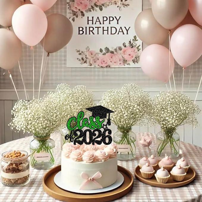 1 Pack 2026 Graduation Cake Topper Glitter Grad Cap Diploma Cake Decorations 2026 Senior Graduation Cake Pick for 2026 School Graduation Theme Party Cake Decoration Supplies Green Black