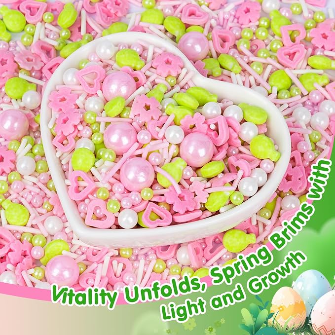 Edible Sprinkles for Cake Decorations,Pink White Pearls and Jimmies,Heart and Flowers,Bright Green Balloons Sprinkle Mix,Spring Candy Sprinkles for Easter Cakes,Cupcakes,Dessert Tables & Party Favors,Food Grade Sugar Decorating for Brunch,Wedding Birth...
