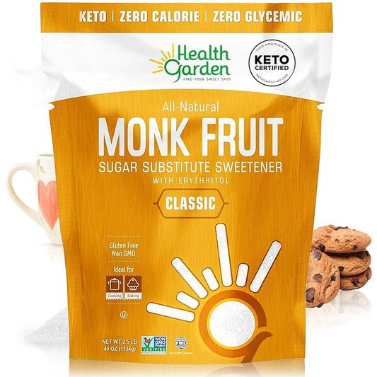 Health Garden Monk Fruit Sweetener, Classic Sugar Substitute - 40oz Bag – 1:1 Monk Fruit Sugar Substitute with Erythritol, Zero Calorie Monkfruit Sweetener for Baking and Coffee, Keto Friendly, Non-GMO