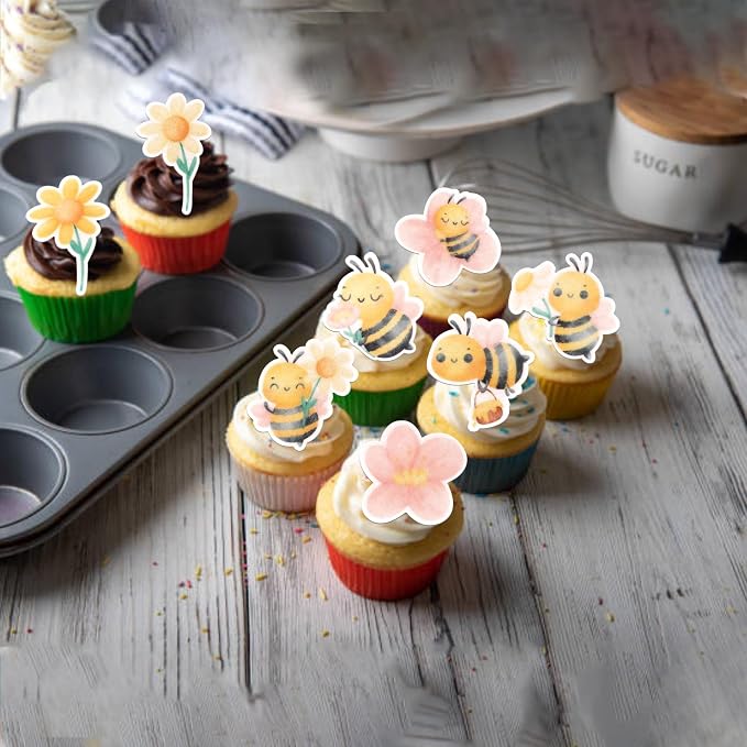 63 PCS Edible Bumble Bee Cupcake Toppers Wafer Paper Oh Babee Honey Bee Cupcake Picks Edible Sunflower Cupcake Decorations for Gender Reveal Baby Shower Kids Birthday Party Cake Decorations Supplies