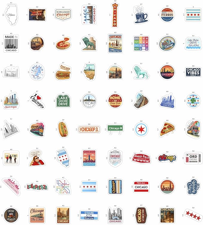 100Pcs Chicago Stickers and Decals for Luggage, Water Bottle - Chicago Gifts, Party Supplies - Travel USA Cities Stickers - Gift for Women & Men