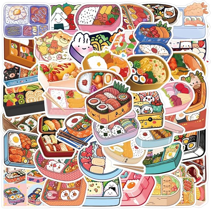 55 Pcs Cute Bento Box Stickers, Japanese Food Stickers, 2.16 Inch Waterproof Vinyl Stickers for Journals, Water Bottles, Laptops, Scrapbooking (Bento Box)