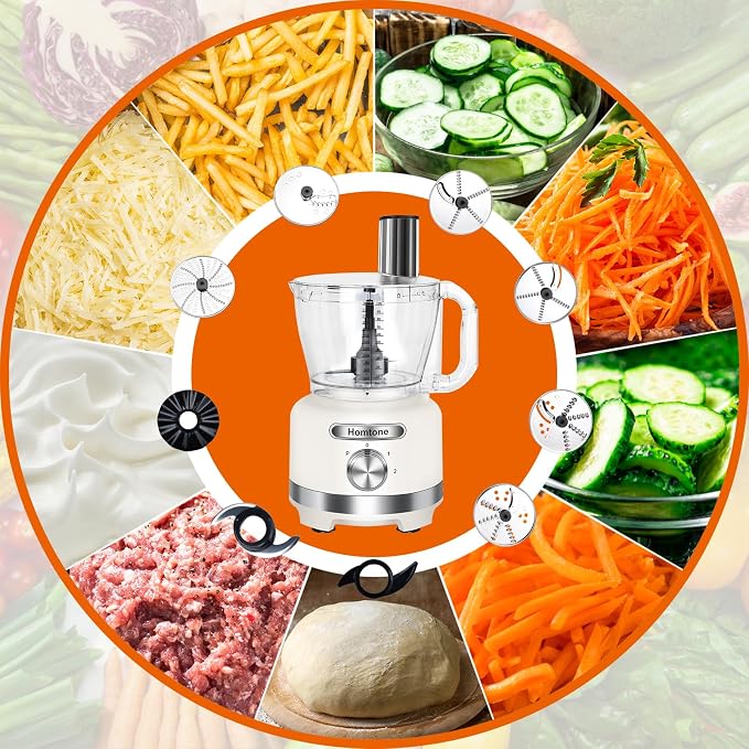 Homtone 16-Cup Food Processor, Large 9-IN-1 Food Veggie Chopper for Home Meal Prep, 7 Blades for Shredding, Slicing, Chopping, Kneading, Emulsifying, Dishwasher Safe, 600W (White, 16 cup)