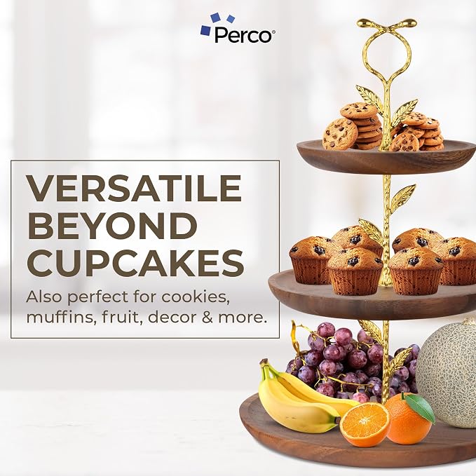 Perco 3 Tier Wooden Cupcake Stand, Walnut Wood Tiered Display Stand for 20 Cupcakes – Rustic Dessert Table Display Set, Tiered Serving Tray for Weddings, Birthdays, Baby Showers & Events