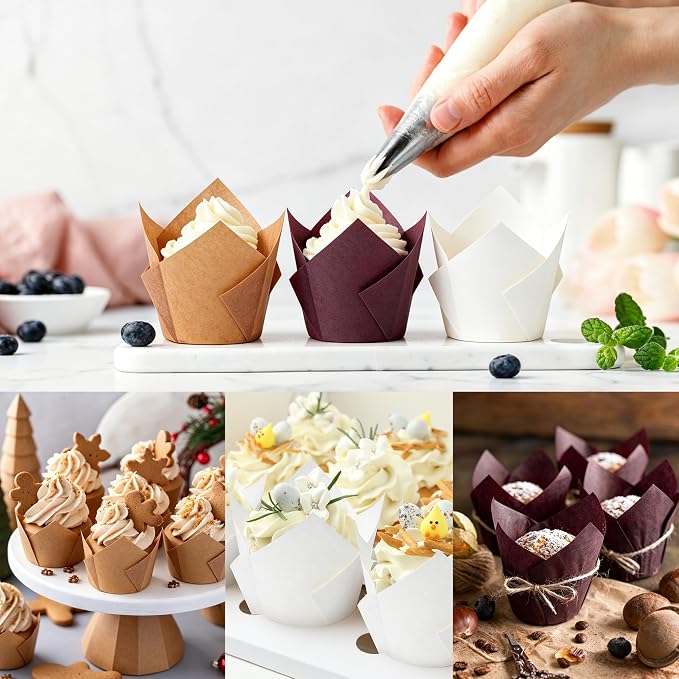 Ruisita 150 Pcs Mini Cupcake Liners Muffin Liners Baking Cups | Tulip Cupcake Liner for Baking Wedding, Birthday, Baby Shower Parties, Brown, Natural, White