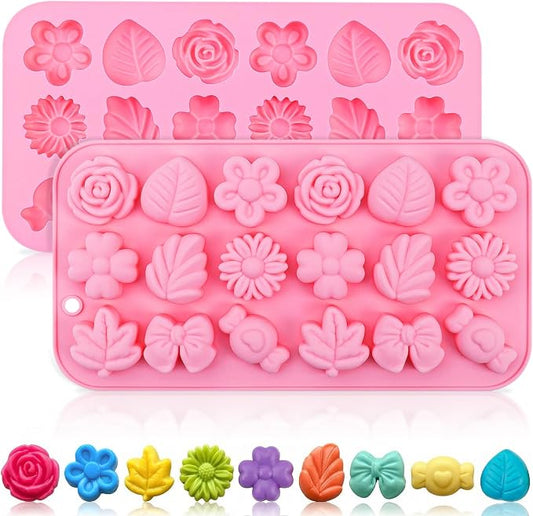 Flower Candy Molds Silicone 2PCS, KKDINDAN 9 Shapes Bite Size Chocolate Molds, Food Grade Spring Rose Daisy Flower Mold Bow Leaf Gummy Molds for Ice Jello Soap Cookie Dessert Melt