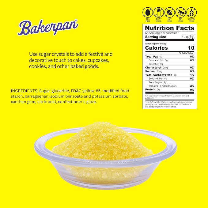 Bakerpan Lemon Yellow Sugar Sprinkles for Baking - 7 oz Coarse Sparkling Decorating Sugar Crystals for Baking Topping, Cookies & Cupcakes | Kosher, Gluten-Free, Made in USA