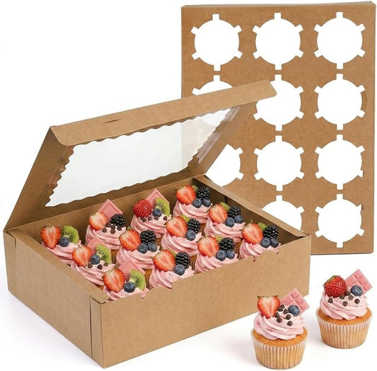 Jucoan 20 Pack Cupcake Boxes, 12 Counts Dozen Cupcake Containers with Window and Insert, Brown Bakery Pastry Treat Boxes for Muffins, Cookies, Donuts, Take Out Containers for Party