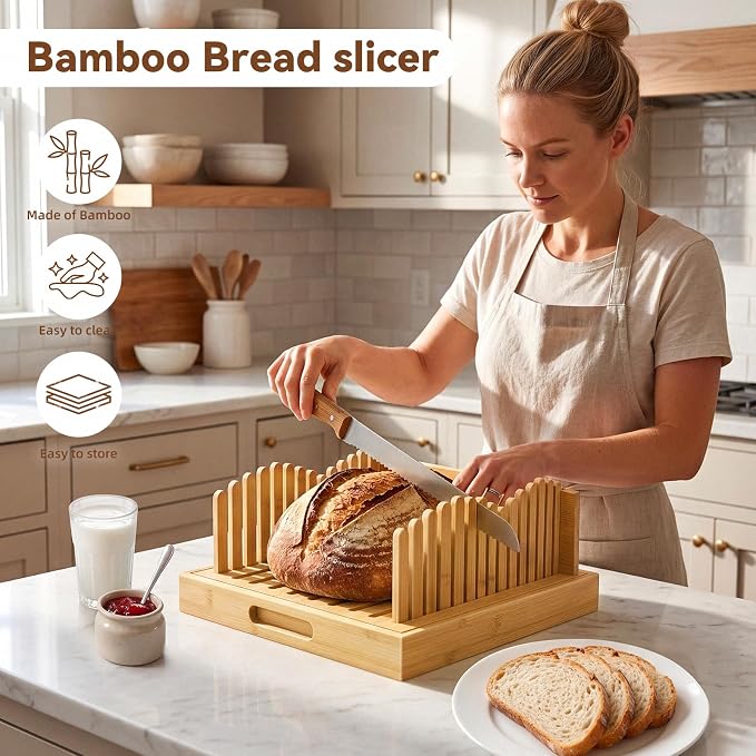 Bamboo Adjustable Bread Slicer with Crumb Catcher Tray, Foldable 3 Thickness Cutting Board, Non-Slip Multi-Purpose Serving Tray for Toast, Sourdough, Baguette Homemade Bread