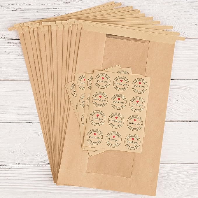 Ocmoiy 100Pcs Tin Tie Tab Lock Large Paper Bread Bags for Homemade Sourdough Bread Bags 13.7x8.2x3.5 Inch Resealable Bakery Bags with Window Thank You Stickers