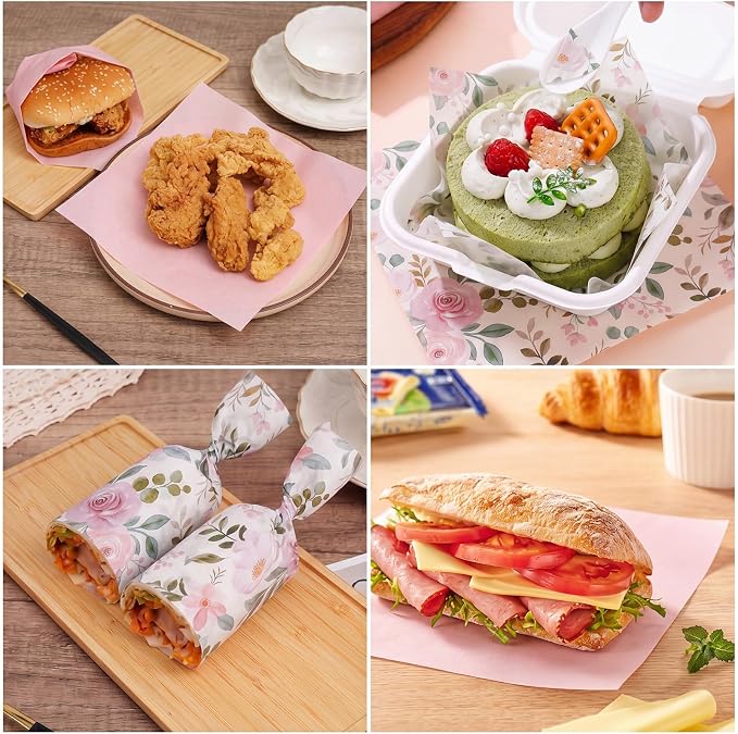 Feifeiya Floral Wax Paper Sheet for Food Chinoiserie Bird Deli Paper Waterproof Sandwich Wrapping Greaseproof Food Basket Liners for Picnic Party Kitchen Supply (200, Pink, Watercolor)
