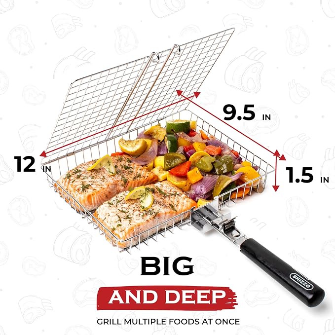 SHIZZO Grill Basket Gift Set - Removable Wooden Handle - Non-Stick Stainless Steel, BBQ Grilling Rack for Fish, Shrimp, Vegetables - Camping & Outdoor Smoker Accessories, Gifts for Dad, Husband